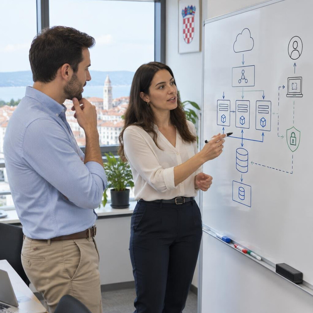 Colleagues discussing a diagram on a whiteboard