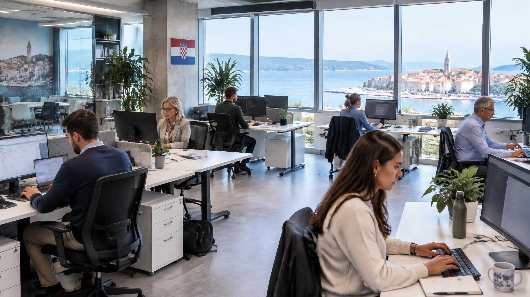 Open-plan office with employees working at desks