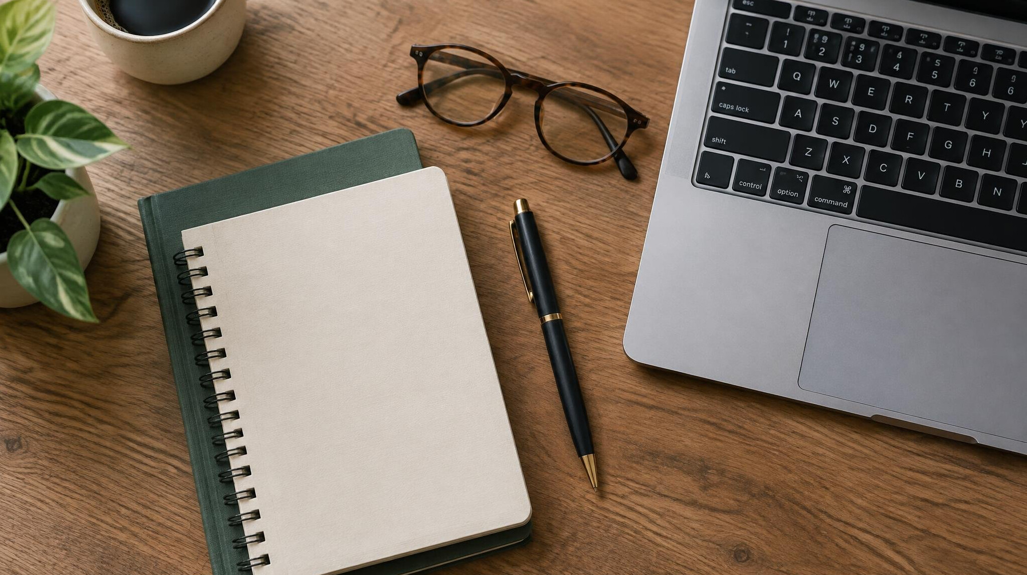 Notebooks and a laptop on a desk